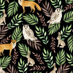 Watercolor forest. Owls, foxes, rabbits. Black