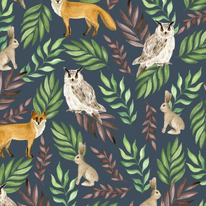 Watercolor forest. Owls, foxes, rabbits