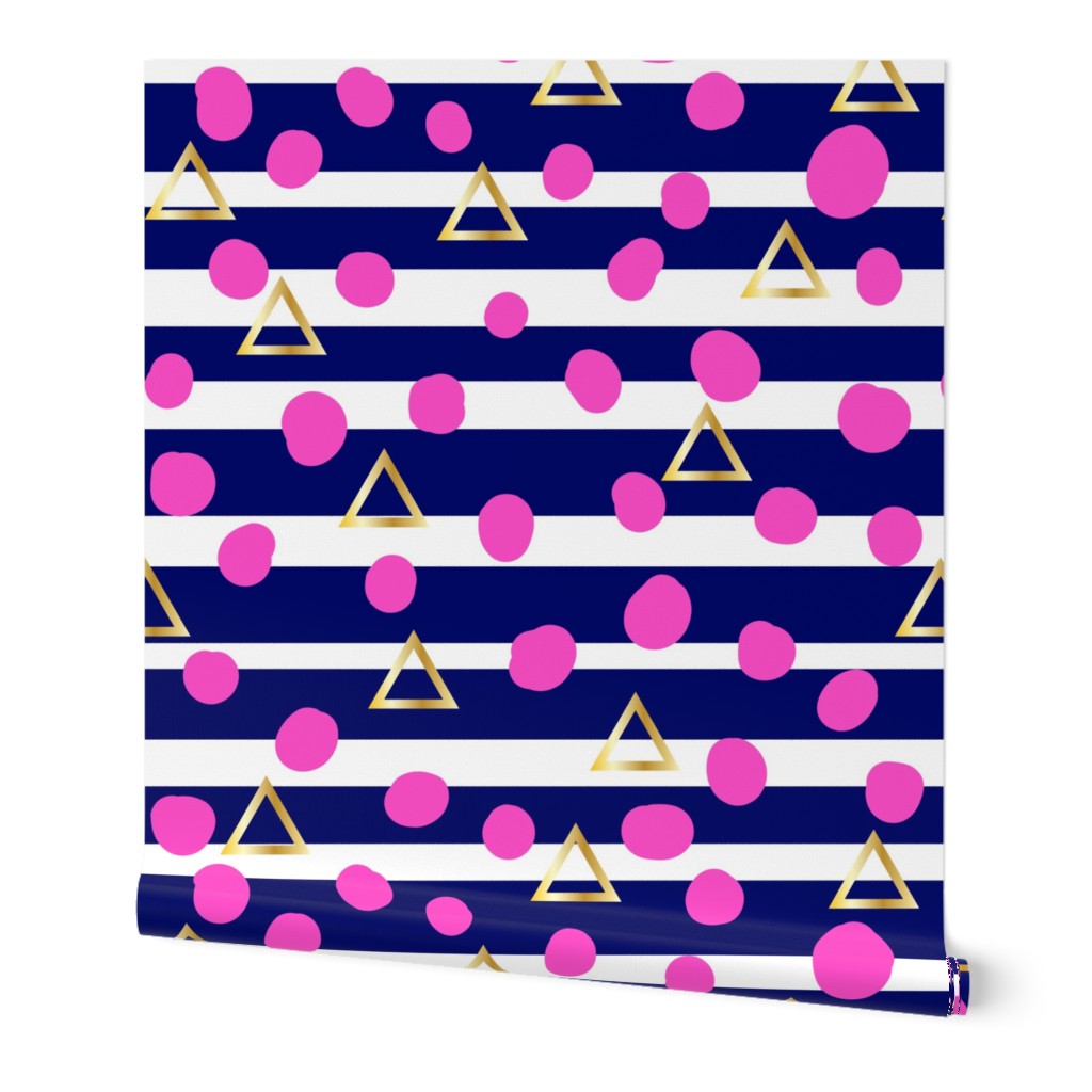 Navy stripe, pink spot, gold triangle - large scale