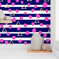 Navy stripe, pink spot, gold triangle - large scale