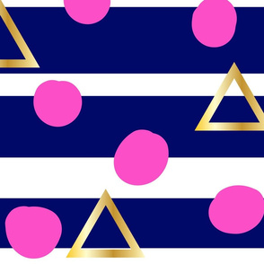 Navy stripe, pink spot, gold triangle - large scale