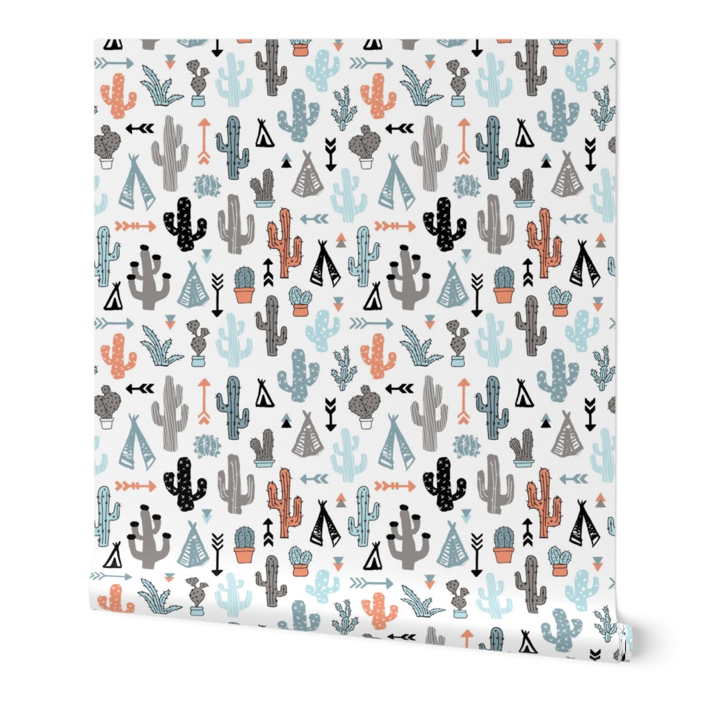 Colorful cactus and teepee botanical summer garden and indian arrow geometric grunge illustration pattern blue coral orange