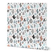 Colorful cactus and teepee botanical summer garden and indian arrow geometric grunge illustration pattern blue coral orange