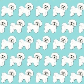 bichon Frise dog fabric on soft blue 