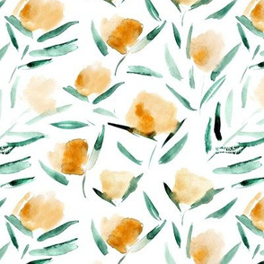 Mustard watercolor cotton flowers ★ painted florals for modern home decor, bedding, nursery