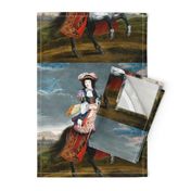 Marie Antoinette inspired baroque Victorian hat tricorne beautiful lady woman Riding habit  horseback riding equestrian horsewoman rider white horse grey clouds sky countryside mountains trees scenery town skyline pink feathers androgynous  black jacket p