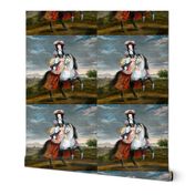 Marie Antoinette inspired baroque Victorian hat tricorne beautiful lady woman Riding habit  horseback riding equestrian horsewoman rider white horse grey clouds sky countryside mountains trees scenery town skyline pink feathers androgynous  black jacket p