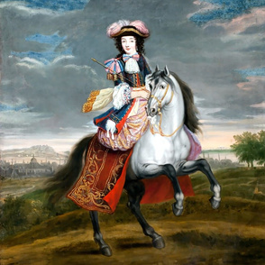 Marie Antoinette inspired baroque Victorian hat tricorne beautiful lady woman Riding habit  horseback riding equestrian horsewoman rider white horse grey clouds sky countryside mountains trees scenery town skyline pink feathers androgynous  black jacket p