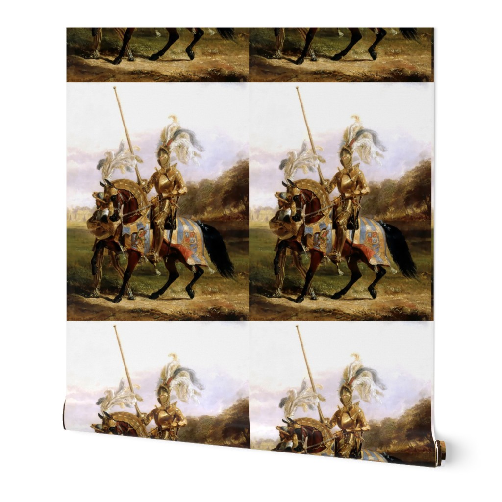 middle ages knight in shinning gold armor fighter horses flags medieval flags banner warrior soldier lance pole weapon cavalry lancer page servants squire feathers trees forest sky clouds attendant historical history portraits heraldry coat of arms fairy 