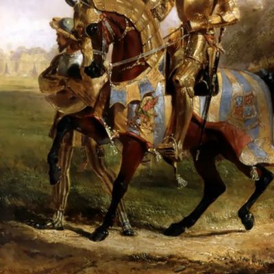 middle ages knight in shinning gold armor fighter horses flags medieval flags banner warrior soldier lance pole weapon cavalry lancer page servants squire feathers trees forest sky clouds attendant historical history portraits heraldry coat of arms fairy 
