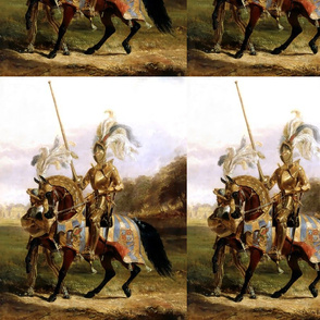 middle ages knight in shinning gold armor fighter horses flags medieval flags banner warrior soldier lance pole weapon cavalry lancer page servants squire feathers trees forest sky clouds attendant historical history portraits heraldry coat of arms fairy 