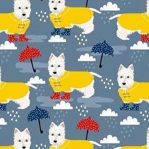 westie dog in rainboots fabric - rainy day dog fabric, umbrella and rainboots, dog dots -  dusty blue