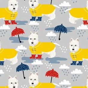 westie dog in rainboots fabric - rainy day dog fabric, umbrella and rainboots, dog dots - grey