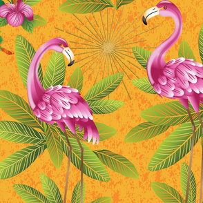 Pink Garden Flamingoes Preening-ExtraLarge