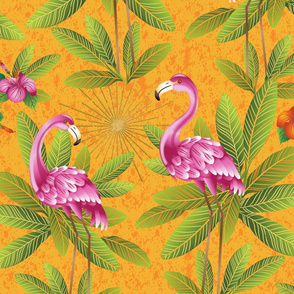 Pink Garden Flamingoes Preening-Large