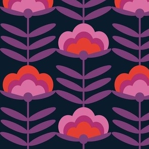 LARGE- 70s Happy Flower - 70s flower, 70s floral, 70s wallpaper, 70s fabric, 70s design - dark purple
