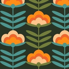 LARGE - 70s Happy Flower - 70s flower, 70s floral, 70s wallpaper, 70s fabric, 70s design - dark green