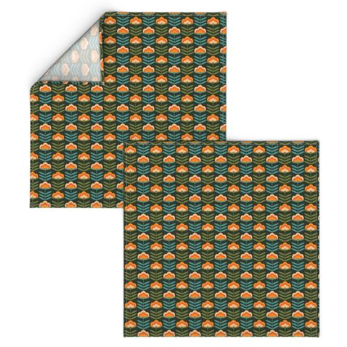 SMALL - 70s Happy Flower - 70s flower, 70s floral, 70s wallpaper, 70s fabric, 70s design - dark green