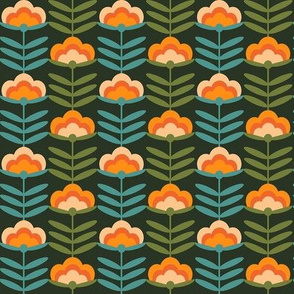 SMALL - 70s Happy Flower - 70s flower, 70s floral, 70s wallpaper, 70s fabric, 70s design - dark green