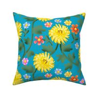 Chintz Mums and Shasta Daisy Flowers on Teal Blue