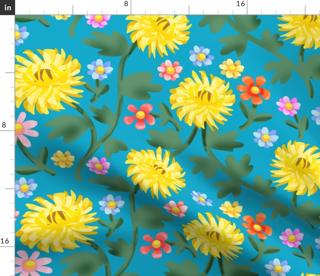 Chintz Mums and Shasta Daisy Flowers on Teal Blue