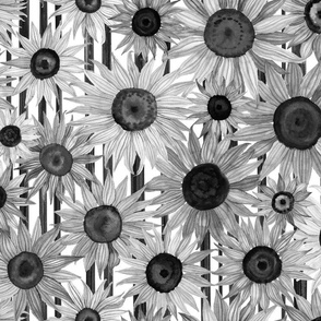 Black and White Watercolor Sunflowers -- Large Scale