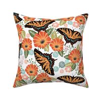 XL swallowtail butterfly floral fabric - floral fabric, butterfly fabric, tiger swallowtail, trumpet flowers - orange