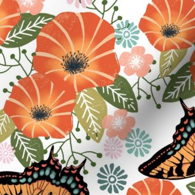 XL swallowtail butterfly floral fabric - floral fabric, butterfly fabric, tiger swallowtail, trumpet flowers - orange