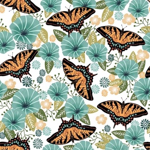 XL swallowtail butterfly floral fabric - floral fabric, butterfly fabric, tiger swallowtail, trumpet flowers - blue flowers