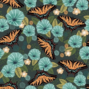 XL swallowtail butterfly floral fabric - floral fabric, butterfly fabric, tiger swallowtail, trumpet flowers -  dark navy