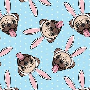 Pugs w/ Bunny Ears - Easter Pugs Dog - blue  w/  polka dots - C20BS