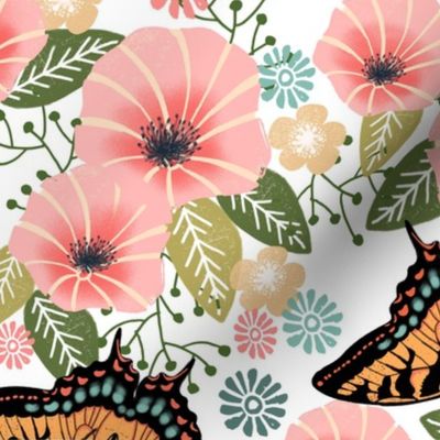 XL swallowtail butterfly floral fabric - floral fabric, butterfly fabric, tiger swallowtail, trumpet flowers -  white