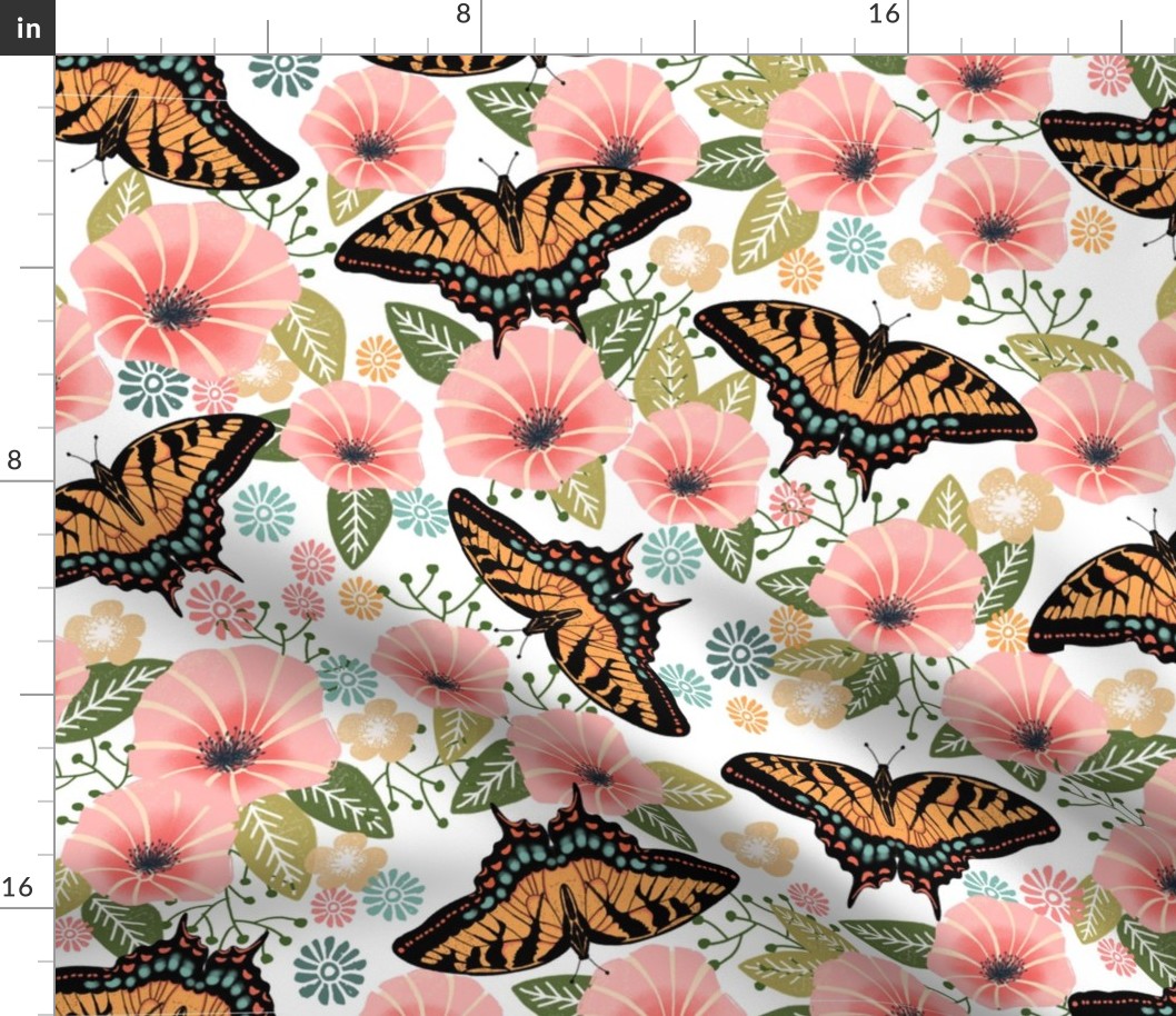 XL swallowtail butterfly floral fabric - floral fabric, butterfly fabric, tiger swallowtail, trumpet flowers -  white