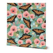 XL swallowtail butterfly floral fabric - floral fabric, butterfly fabric, tiger swallowtail, trumpet flowers - pink