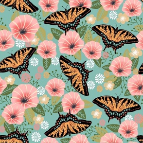 XL swallowtail butterfly floral fabric - floral fabric, butterfly fabric, tiger swallowtail, trumpet flowers - pink