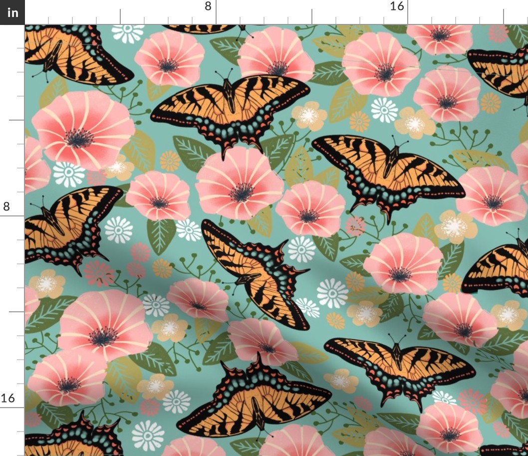 XL swallowtail butterfly floral fabric - floral fabric, butterfly fabric, tiger swallowtail, trumpet flowers - pink