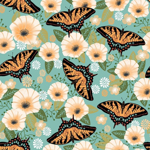 XL swallowtail butterfly floral fabric - floral fabric, butterfly fabric, tiger swallowtail, trumpet flowers - blue