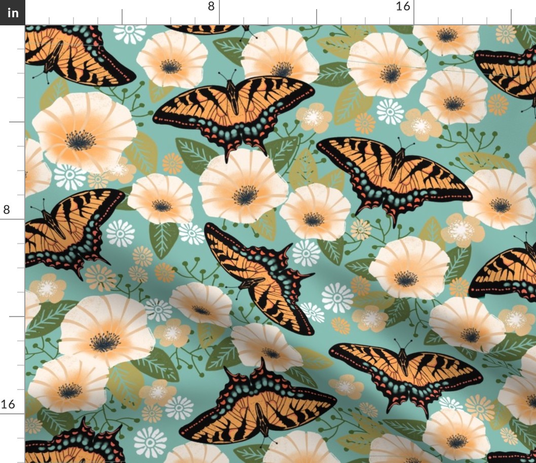 XL swallowtail butterfly floral fabric - floral fabric, butterfly fabric, tiger swallowtail, trumpet flowers - blue