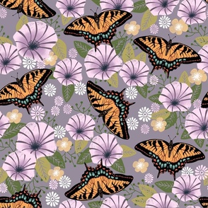 XL - swallowtail butterfly floral fabric - floral fabric, butterfly fabric, tiger swallowtail, trumpet flowers - purple