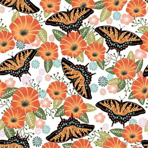 swallowtail butterfly floral fabric - floral fabric, butterfly fabric, tiger swallowtail, trumpet flowers - orange