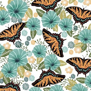 swallowtail butterfly floral fabric - floral fabric, butterfly fabric, tiger swallowtail, trumpet flowers - blue flowers