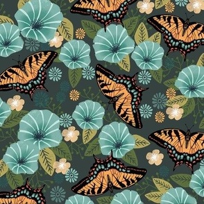 swallowtail butterfly floral fabric - floral fabric, butterfly fabric, tiger swallowtail, trumpet flowers - dark blue