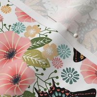 swallowtail butterfly floral fabric - floral fabric, butterfly fabric, tiger swallowtail, trumpet flowers - white