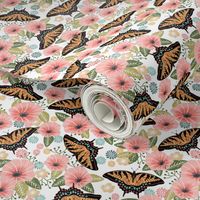 swallowtail butterfly floral fabric - floral fabric, butterfly fabric, tiger swallowtail, trumpet flowers - white