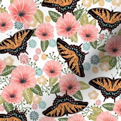 swallowtail butterfly floral fabric - floral fabric, butterfly fabric, tiger swallowtail, trumpet flowers - white