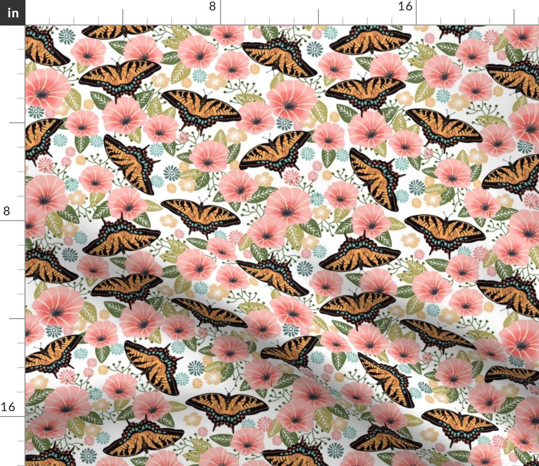 swallowtail butterfly floral fabric - floral fabric, butterfly fabric, tiger swallowtail, trumpet flowers - white