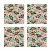 swallowtail butterfly floral fabric - floral fabric, butterfly fabric, tiger swallowtail, trumpet flowers - peach