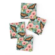 swallowtail butterfly floral fabric - floral fabric, butterfly fabric, tiger swallowtail, trumpet flowers - peach