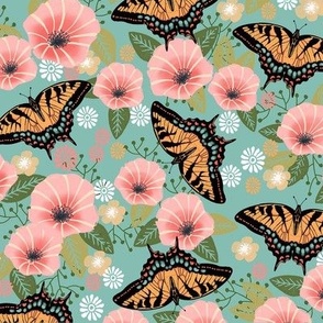 swallowtail butterfly floral fabric - floral fabric, butterfly fabric, tiger swallowtail, trumpet flowers - peach