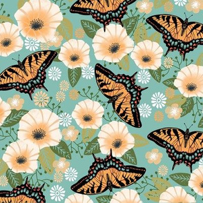 swallowtail butterfly floral fabric - floral fabric, butterfly fabric, tiger swallowtail, trumpet flowers - blue